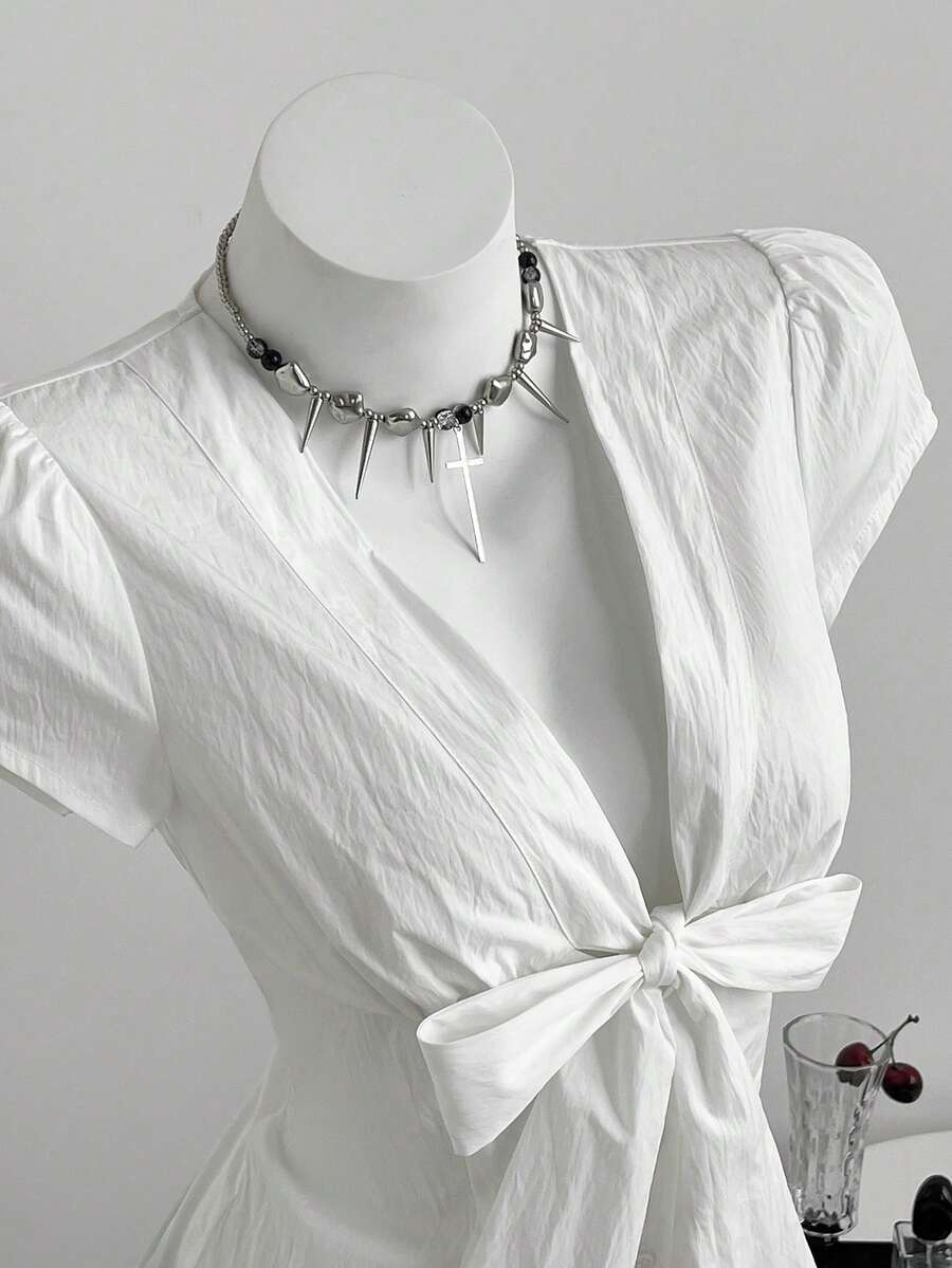 Elamini Blusa de manga corta con cuello en V profundo, mangas abullonadas y lazo en la cintura para mujeres - Blanco - Ver 1