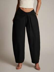 Hauture Women's Low Front With Ruched Detail Stretch Woven Barrel Pant - Black - View 2