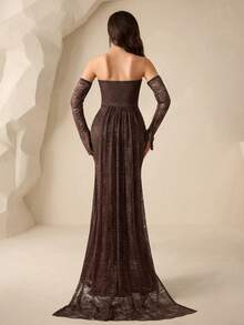 Coutiva Vestido de noche elegante de mujer con hombros descubiertos, detalles de encaje y cuentas, otoño - Café integral - Ver 2