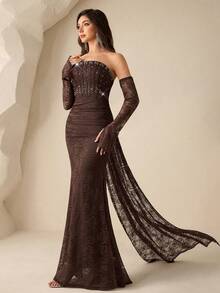 Coutiva Vestido de noche elegante de mujer con hombros descubiertos, detalles de encaje y cuentas, otoño - Café integral - Ver 6