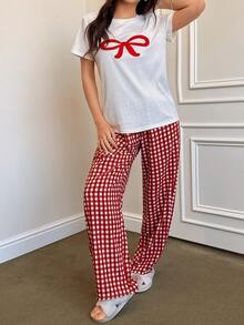 SHEIN Napfluff Cute Bow Embroidered Top & Plaid Pants Women Pajama Set - Multicolor - View 6