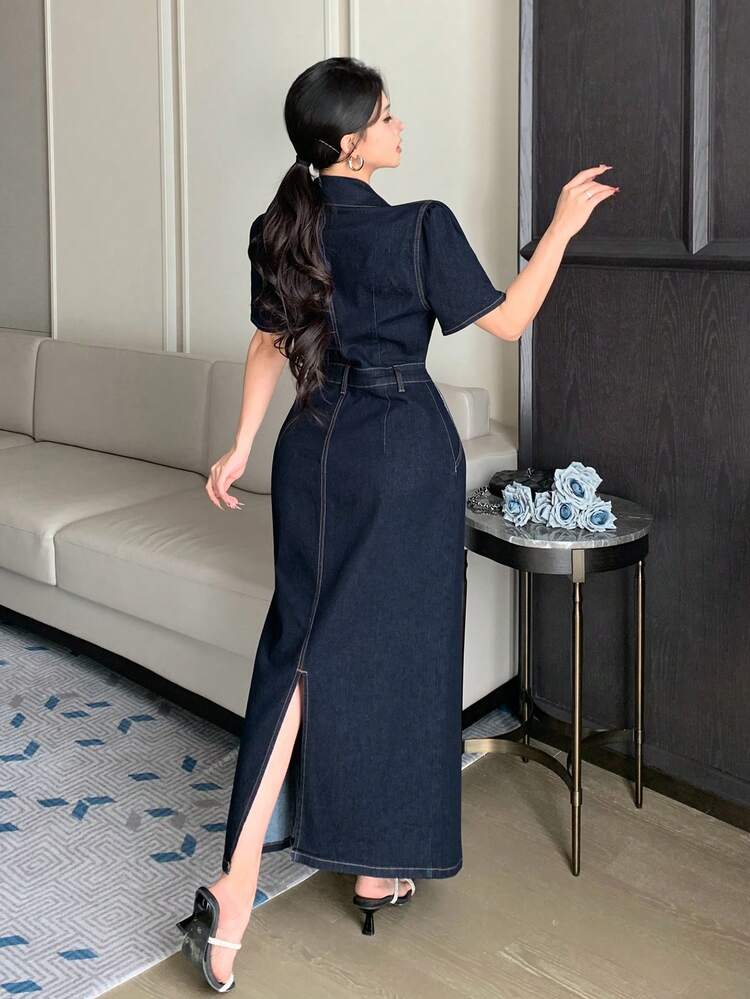 Women's Casual Faux Pocket Lapel Denim Dress,Wedding Guest Dress Women Maxi Dress