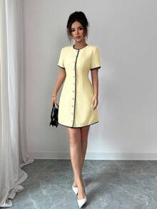 Rafferiza Elegant Business Casual Round Neck Trim Waist Button Short Sleeve Mini Dress, Suitable For Spring And Summer - Light Yellow - View 3