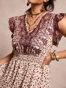 Freevana 大码女式腰果图案褶皱短袖系带时尚连衣裙 - 棕色 - 查看 7