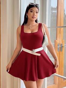 SHEIN EZwear 酒红色加大码无袖连衣裙，带口袋和短裤，纯色连体裤 - 酒紅色 - 查看 6