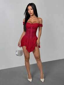 SHEIN PETITE 女士白色褶皱提花腰部拼接荷叶边露肩层叠荷叶边A字雪纺迷你连衣裙，优雅适合派对和年轻女孩穿着，白色束身连衣裙，白色迷你连衣裙，白色派对服装，束身连衣裙 - 紅色 - 查看 7