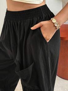 Vionelle Green Plus Size Casual Ruffle Hem Harem Capris Comfortable Breathable Woven Fabric Plain Pants - Green - View 4