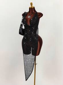 Amplova 2026 Black Sheer Sequin Halter Asymmetrical Music Festival Vest,Summer Top - Black - View 6