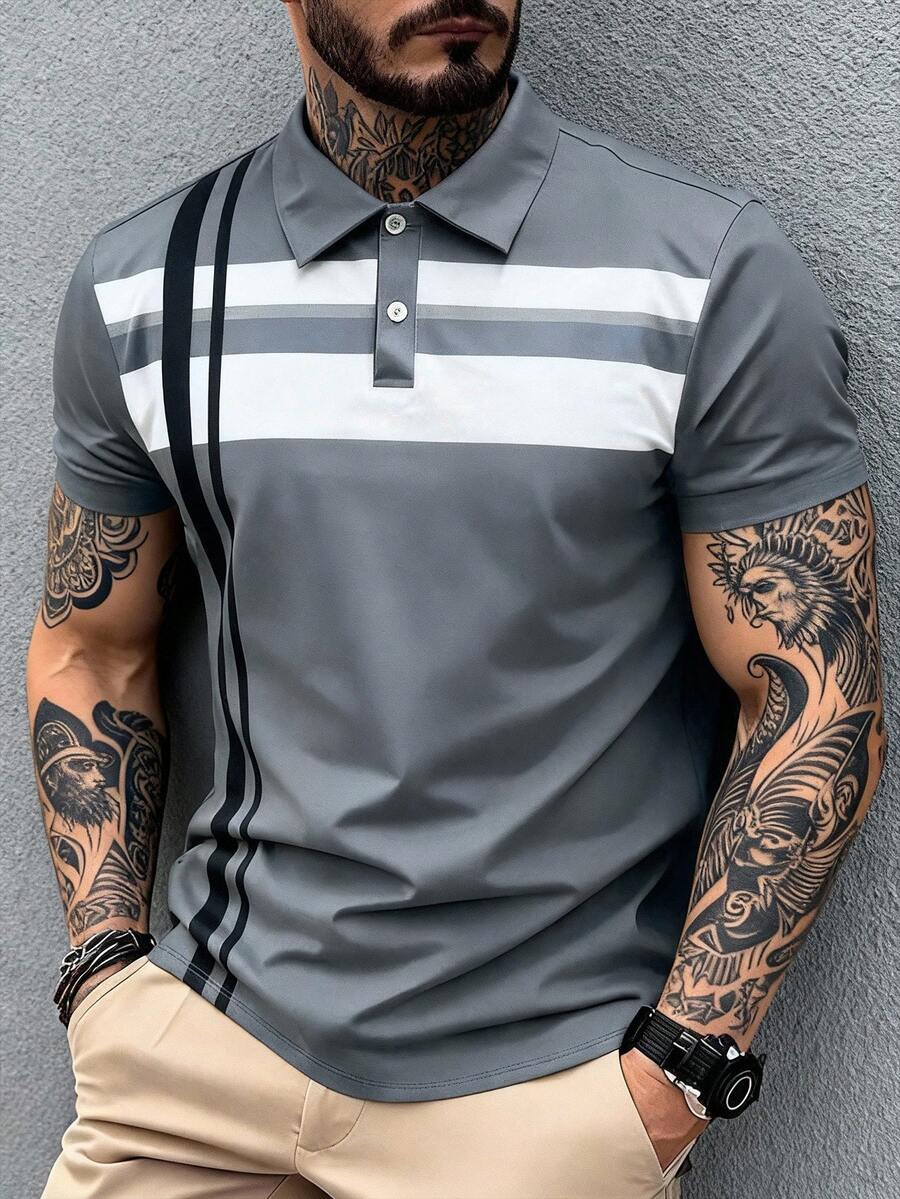 Manfinity VCAY Áo Polo nam kẻ sọc, kiểu dáng thường ngày, thích hợp cho việc đi làm.