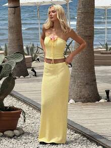 MainGRL Women's Casual Pale Yellow 3D Floral Decor Camisole And Mid-Length Skirt Set Summer Two Piece Set Beach Two Piece Set Butter Yellow Two Piece Set - Yellow - View 5