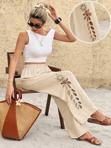 SHEIN Frenchy 女士弹力腰镂空直筒宽松休闲裤 - 杏色 - 查看 9