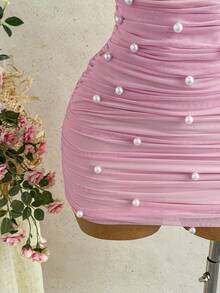 Soleia Vestido ajustado sin tirantes con escote descubierto de malla de punto para vacaciones - Rosa - Ver 4