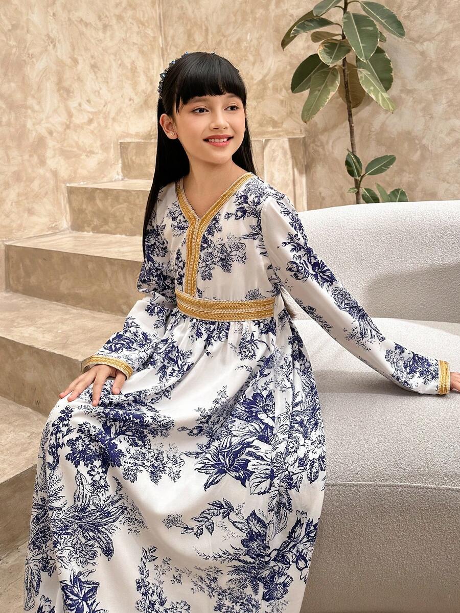 DAZY 少女极简印花长袖连衣裙 - 藍色 - 查看 1