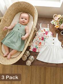 SHEIN Conjunto de 3 piezas de vestido de punto acanalado de unicolor y floral elegante para bebés recién nacidas, adecuado para uso al aire libre - Verde - Ver 7