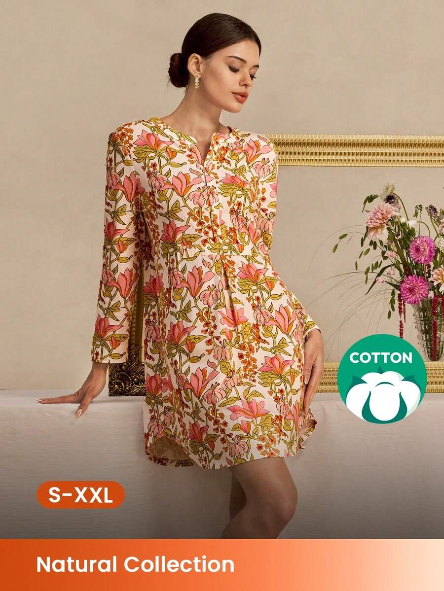 LUVLETTE Đầm ngủ dài tay cài cúc đơn giản bằng cotton mềm mại dành cho nữ, thích hợp mặc nhà hoặc đi chơi. - màu xanh lá - Xem 1