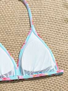 SHEIN 少女碎花吊带泳衣套装 - 綠色 - 查看 3