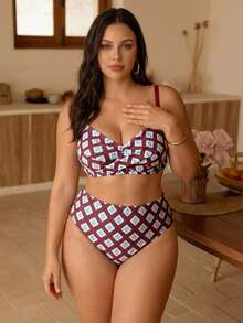 Swim Chiccia 2026 New Elegant Geometric Pattern Plus Size Swimsuit Set, Suitable For Beach Vacation - Yellow - View 3