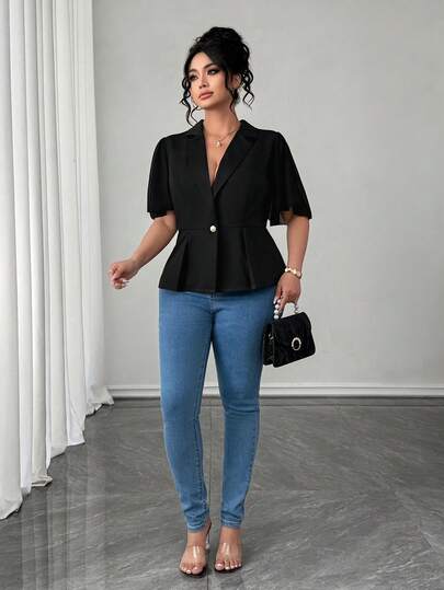 SHEIN Elenzya Plus Size Solid Color Mesh Patchwork Single-Button Elegant Short Sleeve Thin Blazer