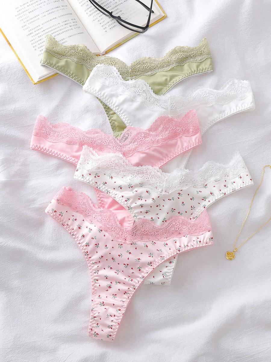 5条装纹理蕾丝女士丁字裤，INS休闲Y2K轻松舒适时尚，秋季款 - 彩色 - 查看 1