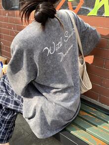 DAZY Women's Letter Print Round Neck Drop Shoulder Casual Loose T-Shirt - Grey - View 5