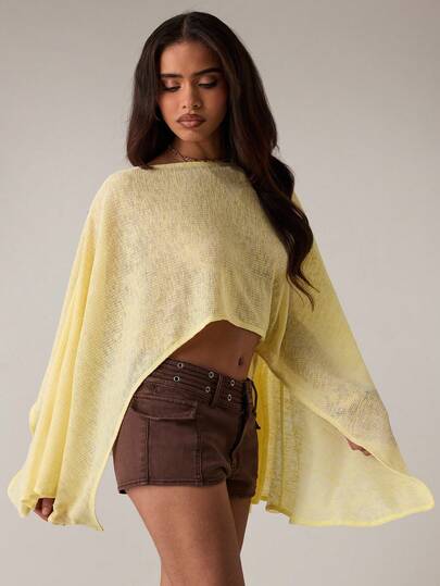 SHEIN BAE Women's Spring/Summer Boat Neck Sheer Vintage Sexy Crop Top, Suitable For Country Music Festival, EDM Festival, Clubbing, Ibiza Beach, Spring Break