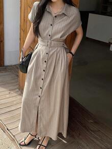 DAZY Women's Casual Vacation & Commute Striped Print Batwing Sleeve Belted Long Dress Sundress - Khaki - View 1