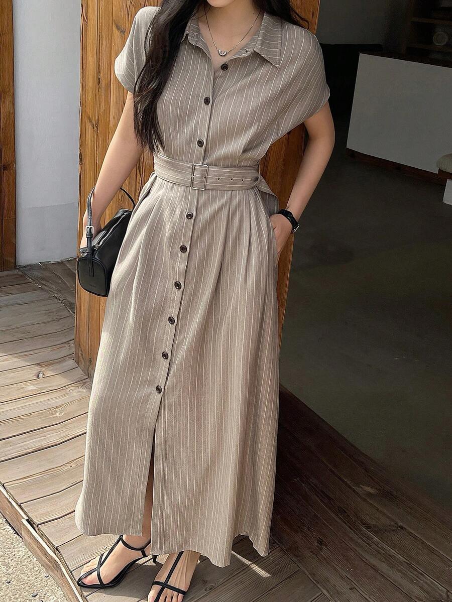 DAZY Women's Casual Vacation & Commute Striped Print Batwing Sleeve Belted Long Dress Sundress - Khaki - View 1