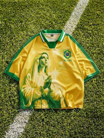 ROMWE MEN 休闲运动款圣母玛利亚与数字10印花短袖Polo衫，适合户外穿着