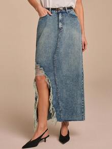 COSMINA Women's Elegant Asymmetrical Hem Frayed Long Denim Skirt, Versatile For Daily Wear, Commute, Office, Valentine's Day Date - Medium Wash - View 1