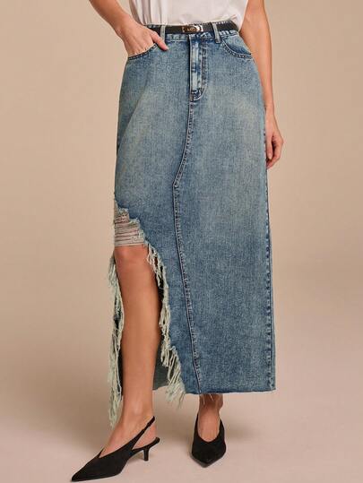 COSMINA Women's Elegant Asymmetrical Hem Frayed Long Denim Skirt, Versatile For Daily Wear, Commute, Office, Valentine's Day Date