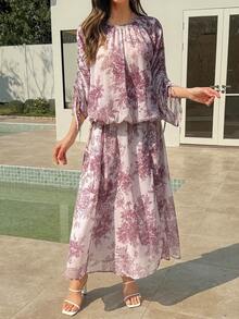 Vivie Lora Bộ 2 món gồm áo sơ mi và chân váy dài ngang gối bằng vải chiffon màu tím thanh lịch in họa tiết dành cho nữ. - Hồng - Xem 2