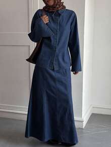 DAZY Conjunto de blusa casual con cuello y falda de mezclilla para mujer - Azul lavado oscuro - Ver 7