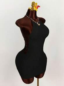 Amplova Cross-Tied Waist Textured Fabric Mini Bodycon Dress,Summer Dresses For Women - Black - View 10