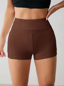 SHEIN PETITE 女士休闲纯色简约手机口袋短裤 - 棕色 - 查看 7