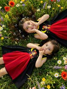 Young Girls Sleeveless Dress Cartoon Print Crescent Moon Star Decor Black Summer Princess Traditional 7th Birthday Wedding Arabic Modest Aline Dress - Red and Black - View 6