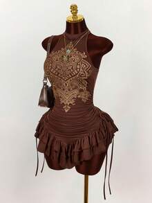 Amplova Ruffled High Neck Asymmetric Hem Cinched Waist Mini Dress - Brown - View 4