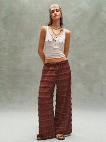 Bohemela Quần dài ống đứng cạp cao bằng ren màu trơn dành cho nữ, kiểu dáng thoải mái cho kỳ nghỉ hè ở bãi biển. - Cà phê nâu - Xem 6