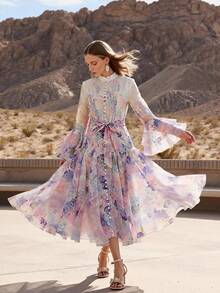 Anewsta Bata elegante de mujer con ajuste holgado, mangas acampanadas y cintura definida con estampado, adecuada para festivales, celebraciones y uso casual como kaftan - Morado - Ver 7