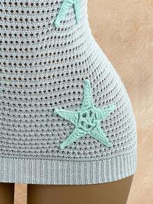 Elamini 女士浅蓝色海星贴花时尚百搭度假风夏季吊带连衣裙 - 藍色 - 查看 6