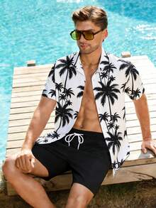 Manfinity Swimmode Men's Summer Vacation Coconut Tree Print Button-Front Shirt And Shorts Beach Outfit Men 2 Piece Set Tropical Black And White Outfits Men Vacation - Black - View 5