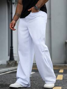 Manfinity Homme 男士休闲简约白色斜插口袋牛仔裤，四季皆宜 - 白色 - 查看 4