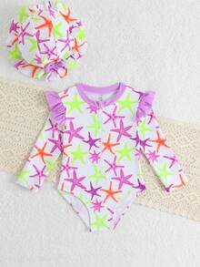 Baby Girls Star Print Swimwear,Long Sleeve Rash Guard Suit With Sun Hat,2pcs Neon Cartoon Starfish One Piece Swimsuit For Summer,Holiday,Beach Wear - Multicolor - View 4