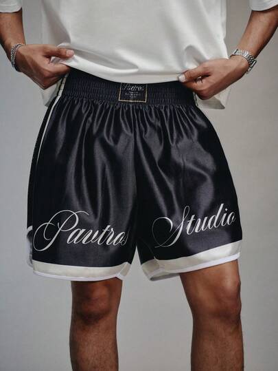  PAVTROS Manfinity Streetrush Men's Shorts, Elastic Waistband, High Elasticity, High-Waisted Short Design, Super-Shorts, Glossy Fabric, Muay Thai Boxing Shorts, Sports & Casual Basketball Shorts, Side Slit, Trending INS Style, Suitable For Young Casual Sports, Daily Commute And Vacation Wear, Ideal Gift For Boyfriend And Husband, Couple Outfit, Men's Black Shorts, Men's Printed Shorts Black And White Shorts Black Basketball Shorts Old Money Kpop