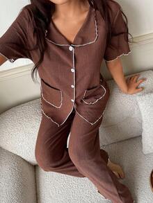 Dream Adore Women's Knitted Textured Casual Pajama Set - Brown - View 4