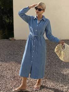 Livesso Women's Collared Tie-Waist Washed Denim Dress - Blue - View 4