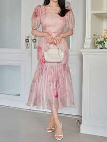 DAZY Women's Elegant Floral Print Square Neck Puff Sleeve Fishtail Midi Dress, Summer Wedding Guest Dress - Pink - View 7