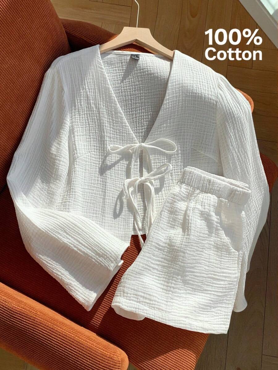 SHEIN EZwear 2PCS White Linen Wrinkled Casual Open-Front Drawstring V-Neck Textured Long-Sleeved Shirt And Linen Wrinkled Shorts Loose Loungewear Set Cotton 2 Pieces Set White 2 Pieces Set Women's Cotton Set - White - View 1