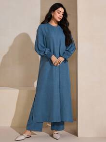 Graceveil 女士长袍套装，包括垂领长袖外套和裤子 - 藍色 - 查看 7