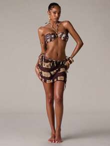 SHEIN BAE 女士度假沙滩扎染印花低腰系带罩衫及半身裙套装 - 棕色 - 查看 3