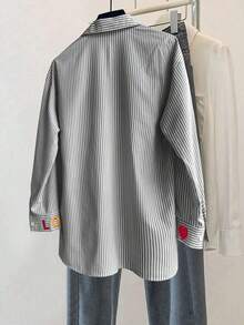 Franclia Classic Striped Long Sleeve Shirt, Delicate Embroidered Pattern, Loose & Comfortable Fit - Black and White - View 2